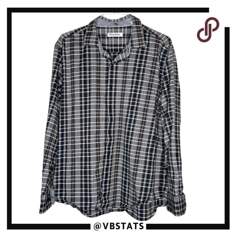 Tommy Bahama Mens Plaid Cotton Silk Long Sleeve Button Up Shirt Black Gray XL